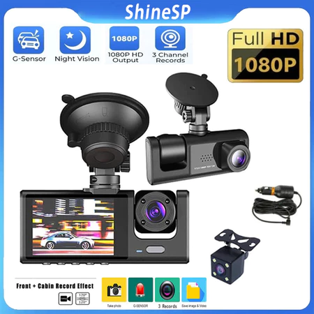 Câmera veicular ShineSP 3 Lens DVR com três câmeras e gravação Full HD 1080p