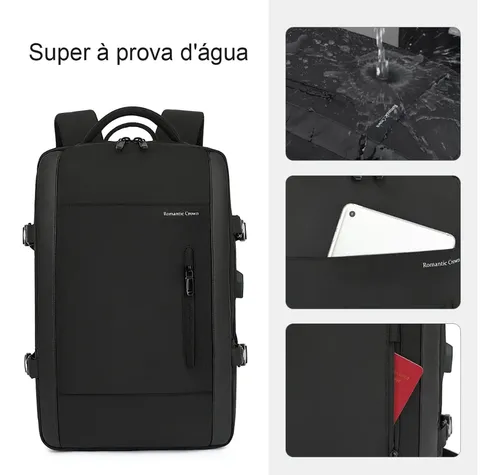 Mochila Romantic Crown expansível preta para viagem e notebook