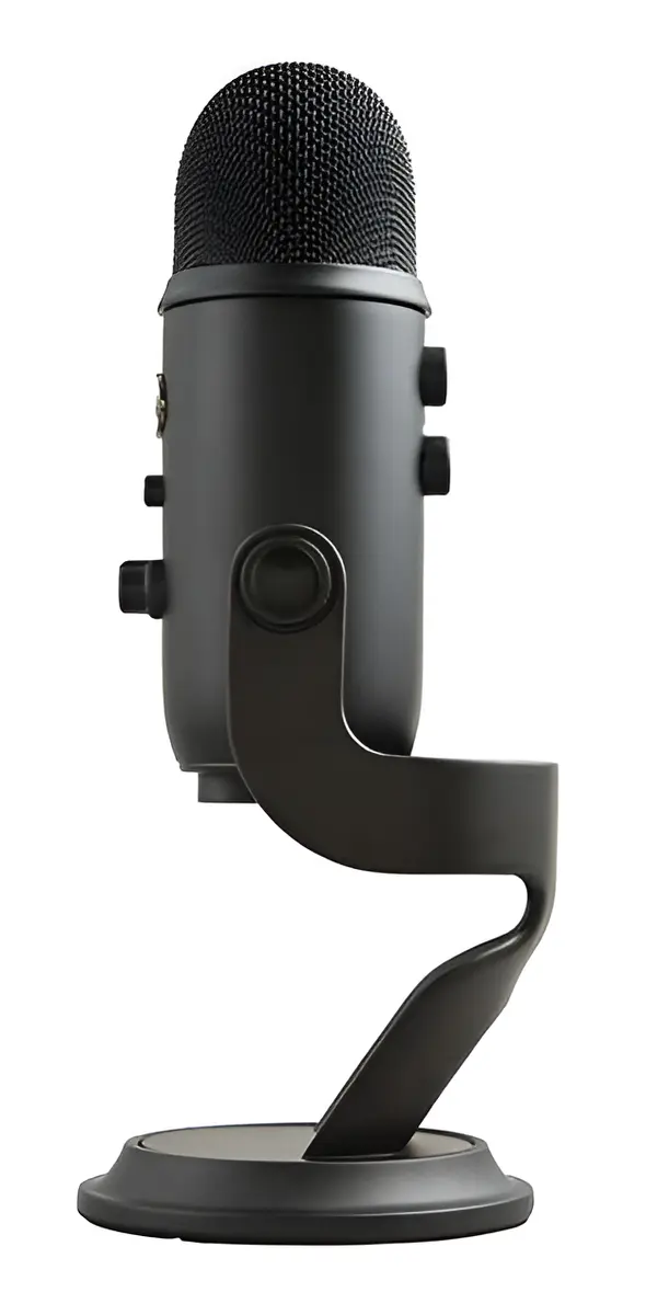 Microfone Blue Yeti Blackout preto em seu suporte de mesa