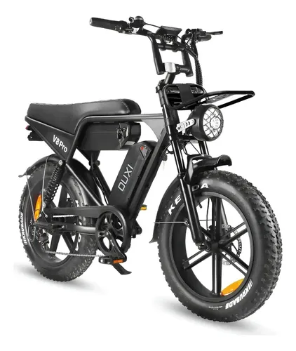 Bicicleta elétrica OUXI V8 Pro S preta com pneus largos