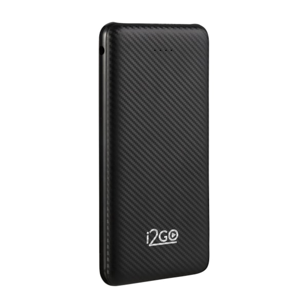 Power bank i2GO Plus preto de 10.000 mAh, com duas portas USB-A e uma porta USB-C.