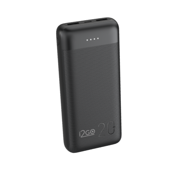 Power bank i2GO preto de 20.000 mAh, com duas portas USB-A, uma porta USB-C e indicador de carga.
