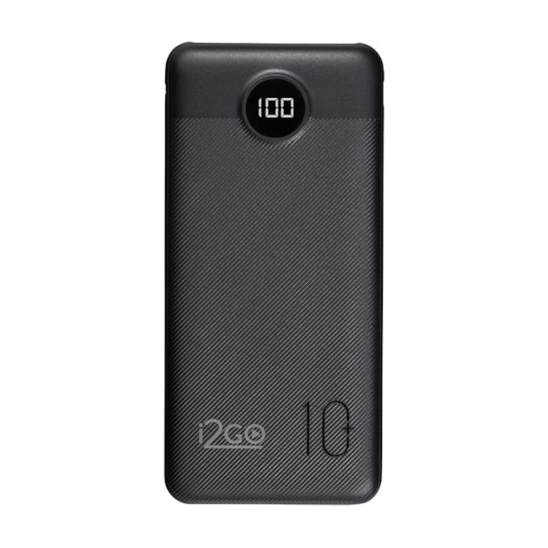 Power bank i2GO PRO preto de 10.000 mAh com display digital, duas portas USB-A e uma porta USB-C.