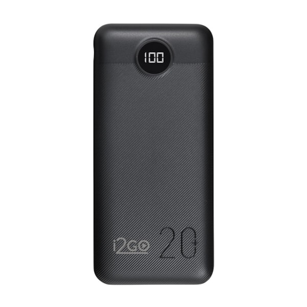 Power bank i2GO PRO preto de 20.000 mAh com display digital, duas portas USB-A e uma porta USB-C.