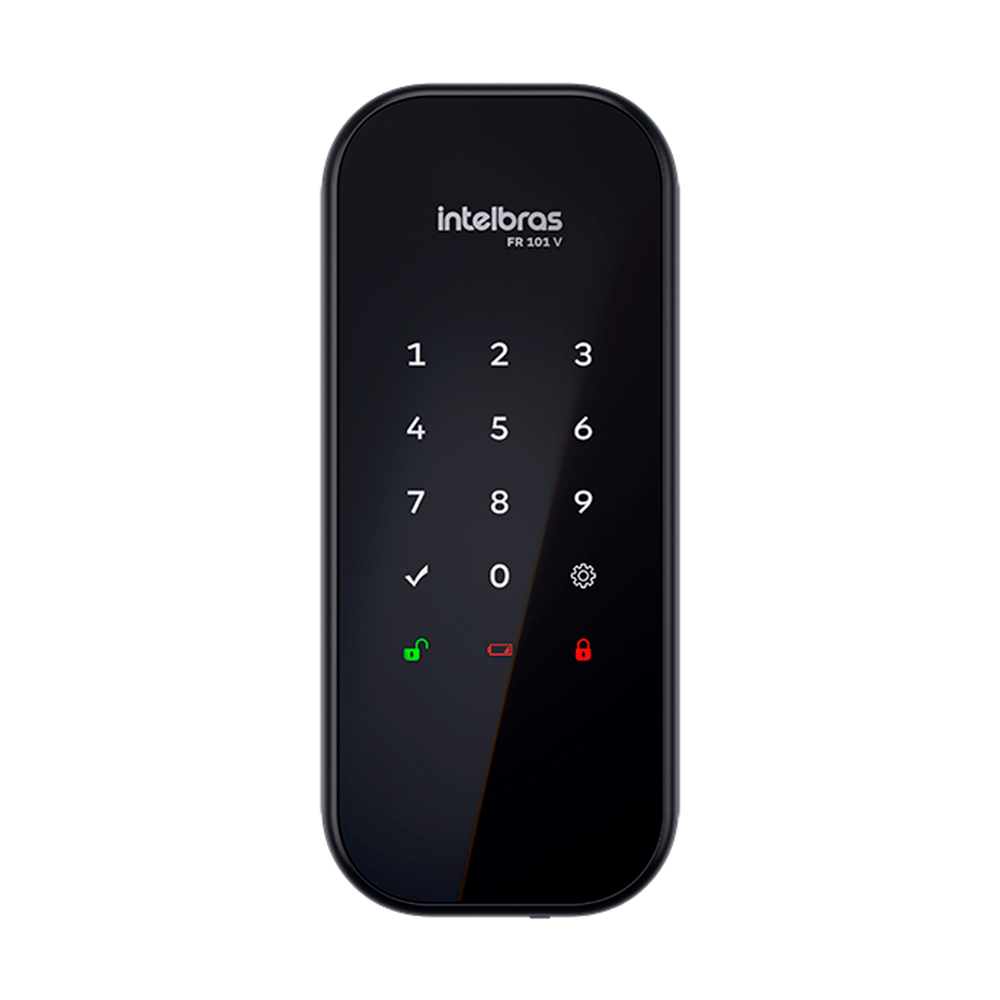 Fechadura digital Intelbras FR 101 V preta instalada em uma porta residencial de madeira, vista frontal do teclado touch.