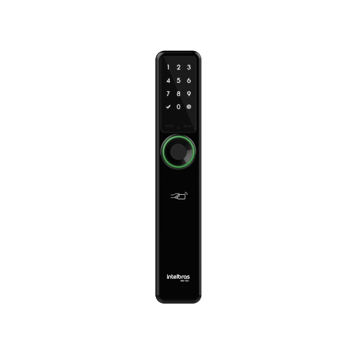 Fechadura inteligente Intelbras IFR 7001 preta de embutir, com leitor biométrico e teclado na porta de entrada.
