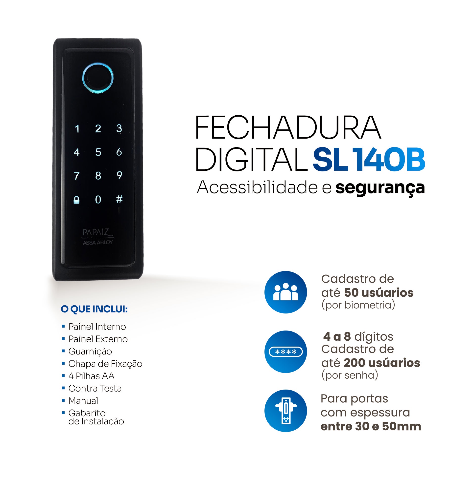 Fechadura digital Papaiz SL140B preta fosca de sobrepor, com painel touch e leitor biométrico em uma porta residencial.