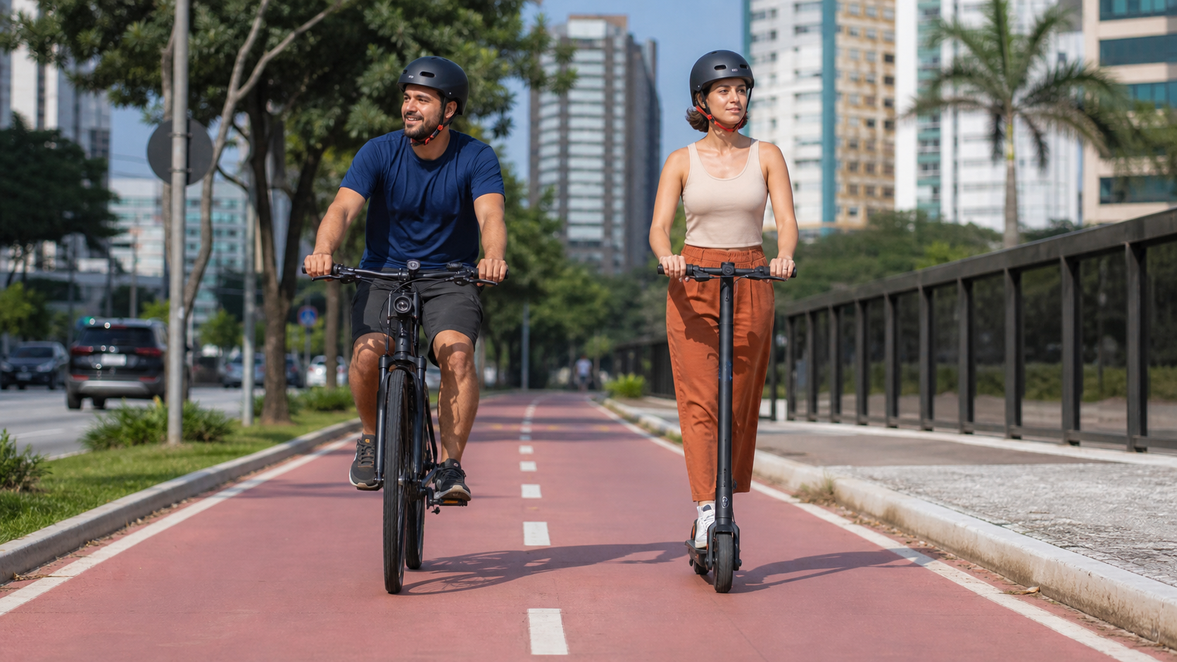 Bicicleta elétrica e patinete elétrico circulando em ciclovia urbana