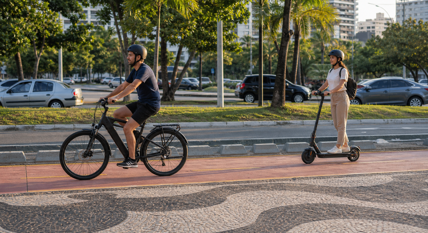 Usuários de bicicleta elétrica e patinete circulando com segurança em ciclovia