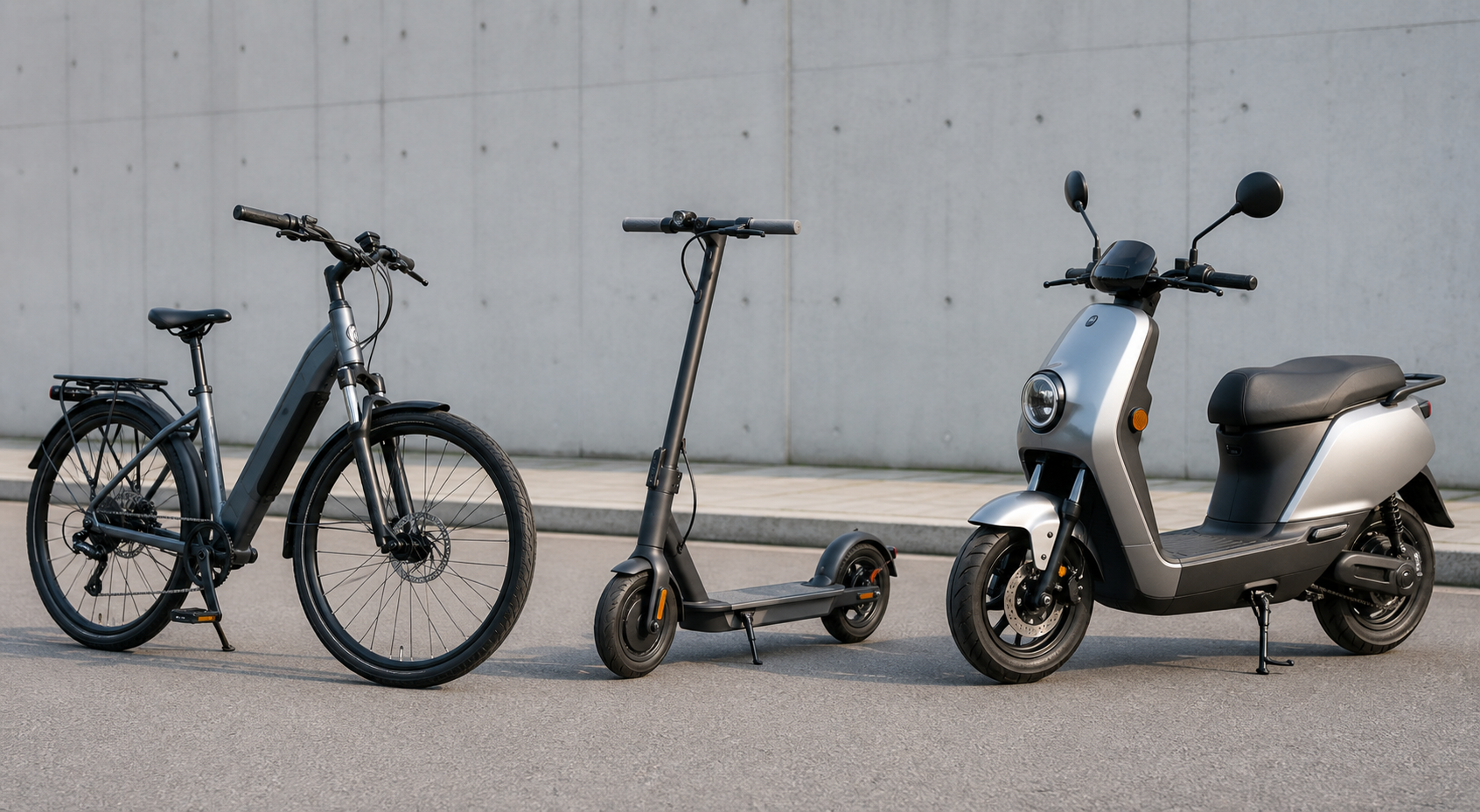 Bicicleta elétrica, patinete elétrico e ciclomotor lado a lado