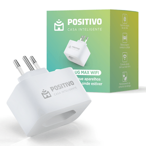 Smart Plug Max Wi-Fi Positivo branco, maior que um plugue convencional, com pinos grossos para tomada de 20 A.