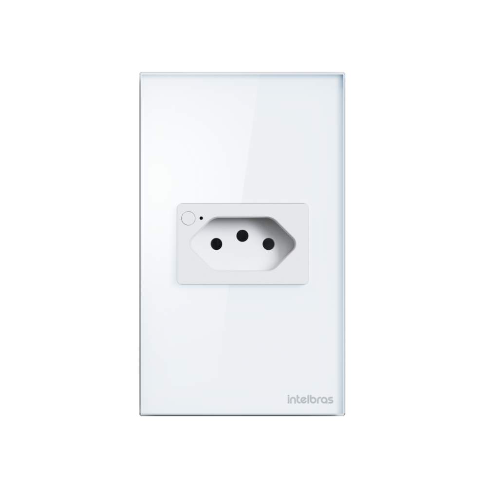 Tomada inteligente Wi-Fi Intelbras ETS 1001 preta, com botão frontal e acabamento compacto para uma tomada padrão brasileira.
