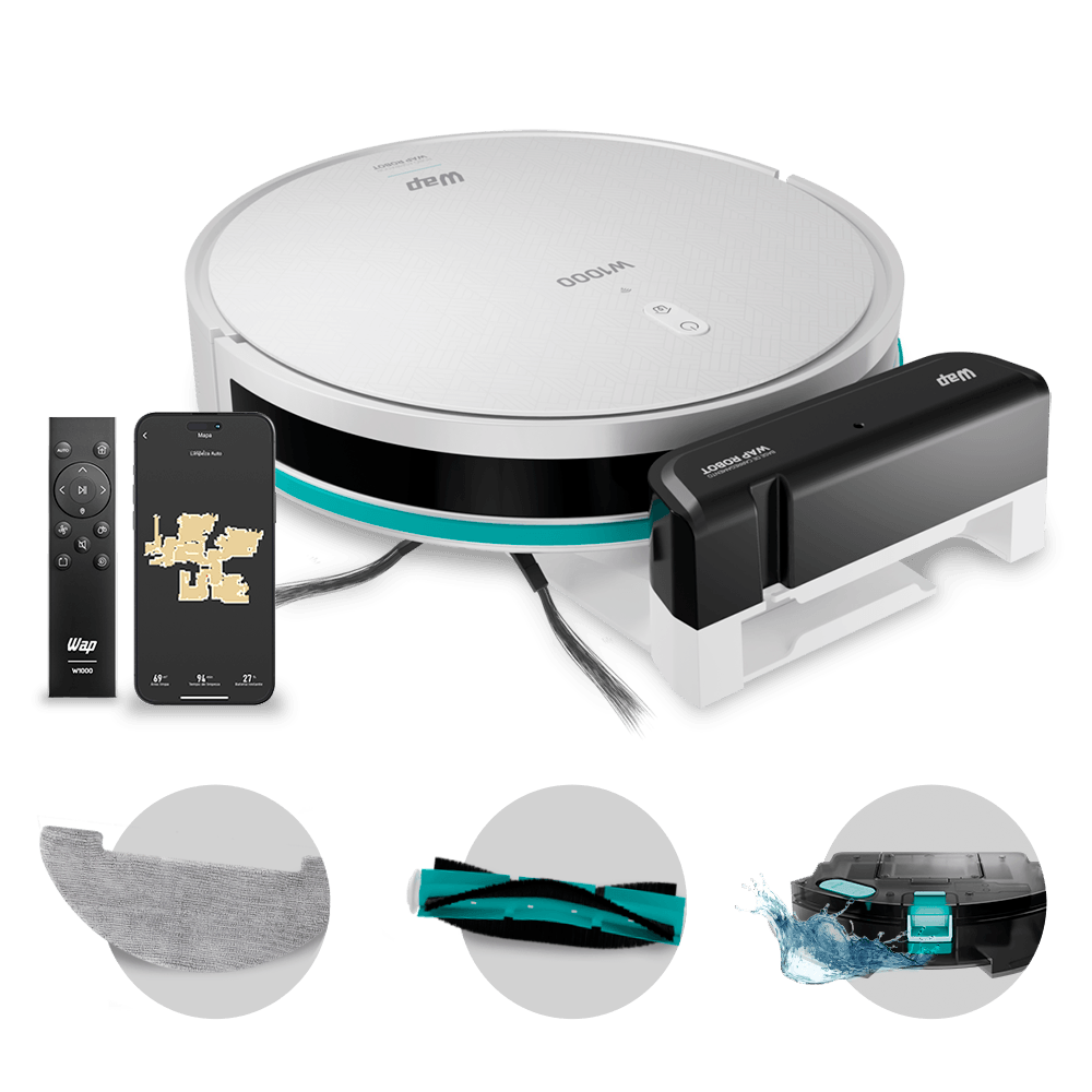 Robô aspirador WAP Robot W1000 branco com detalhes turquesa, exibido ao lado da base de carregamento.