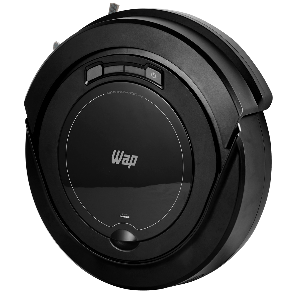 Robô aspirador WAP Robot W90 preto, formato circular, com escova lateral e pano de microfibra instalado.