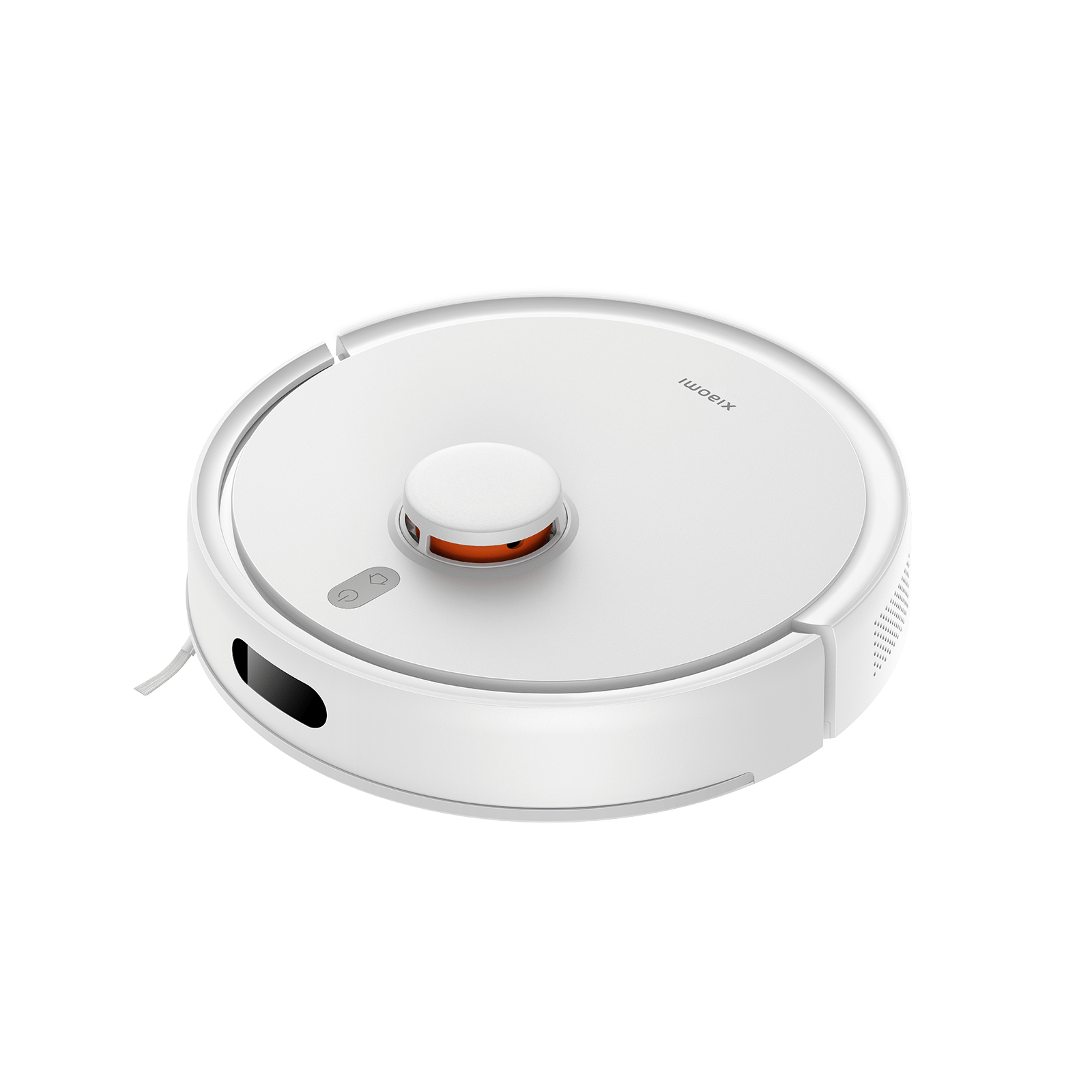 Xiaomi Robot Vacuum S20 branco, de formato circular, ao lado da base de carregamento e com o sensor laser no topo.