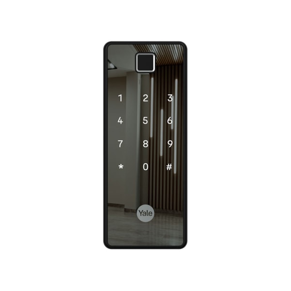 Fechadura digital Yale Reflecta biométrica de sobrepor com painel espelhado instalada em uma porta de entrada.