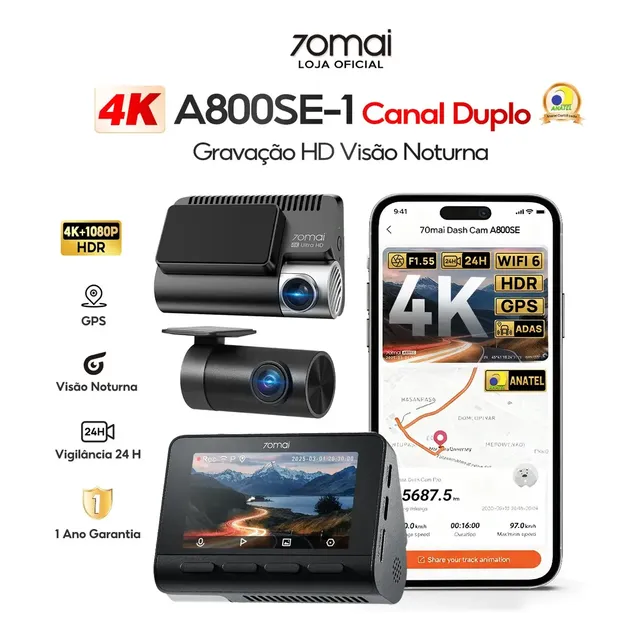 Kit 70mai A800SE-1 com câmera traseira RC22 e aplicativo