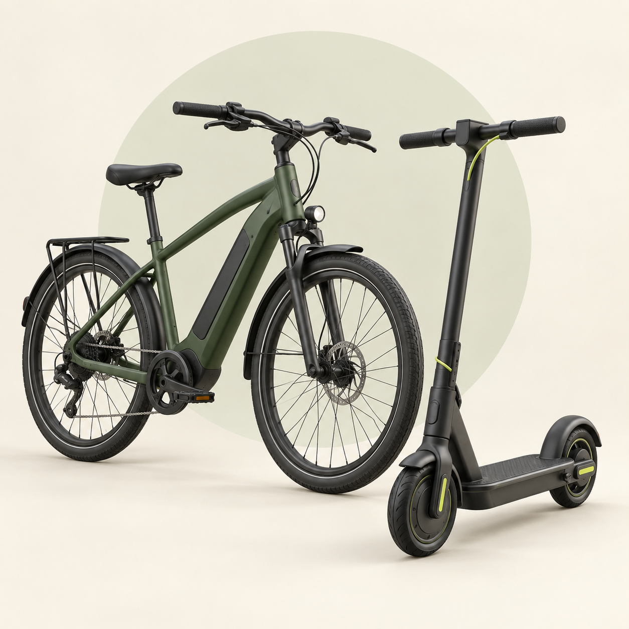Ilustração de uma bicicleta elétrica verde e um patinete elétrico grafite