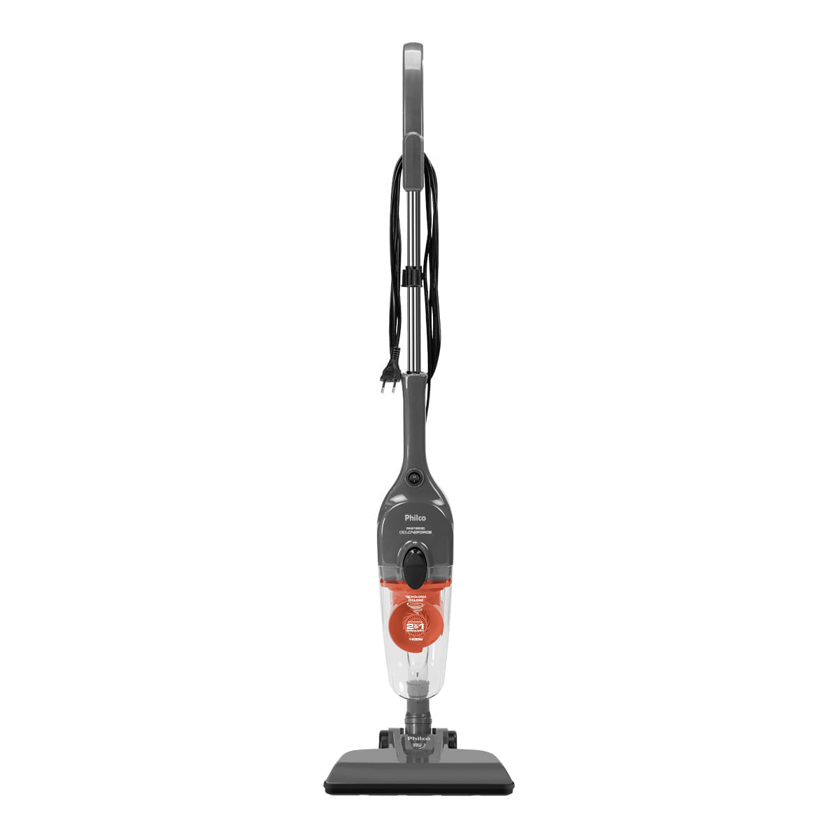 Aspirador vertical Philco PAS1450C cinza e preto em posição de uso