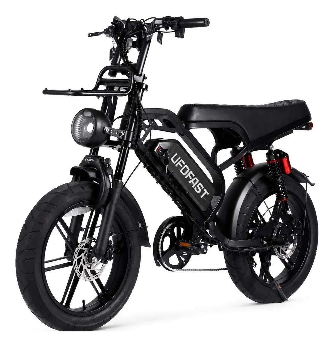 Bicicleta elétrica V9 Max com pneus largos, suspensão dupla e bateria removível