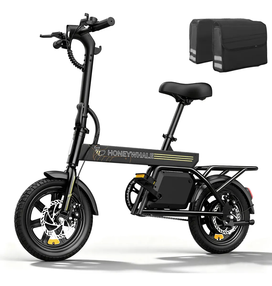 Bicicleta elétrica Honeywhale B20 preta aro 14 com bolsa, fotografia do anúncio
