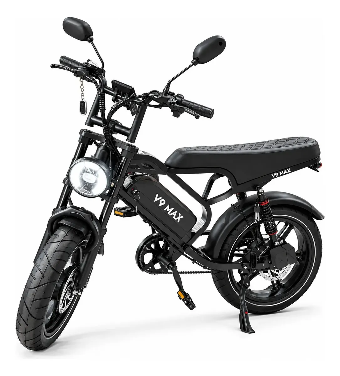 Bicicleta elétrica V9 Max preta de 1000 W com freio hidráulico, alarme e NFC