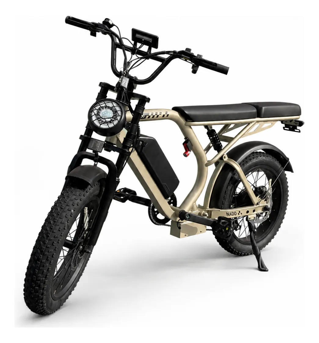 Bicicleta elétrica NADO K3 dourada aro 20 com pneus largos, fotografia do anúncio