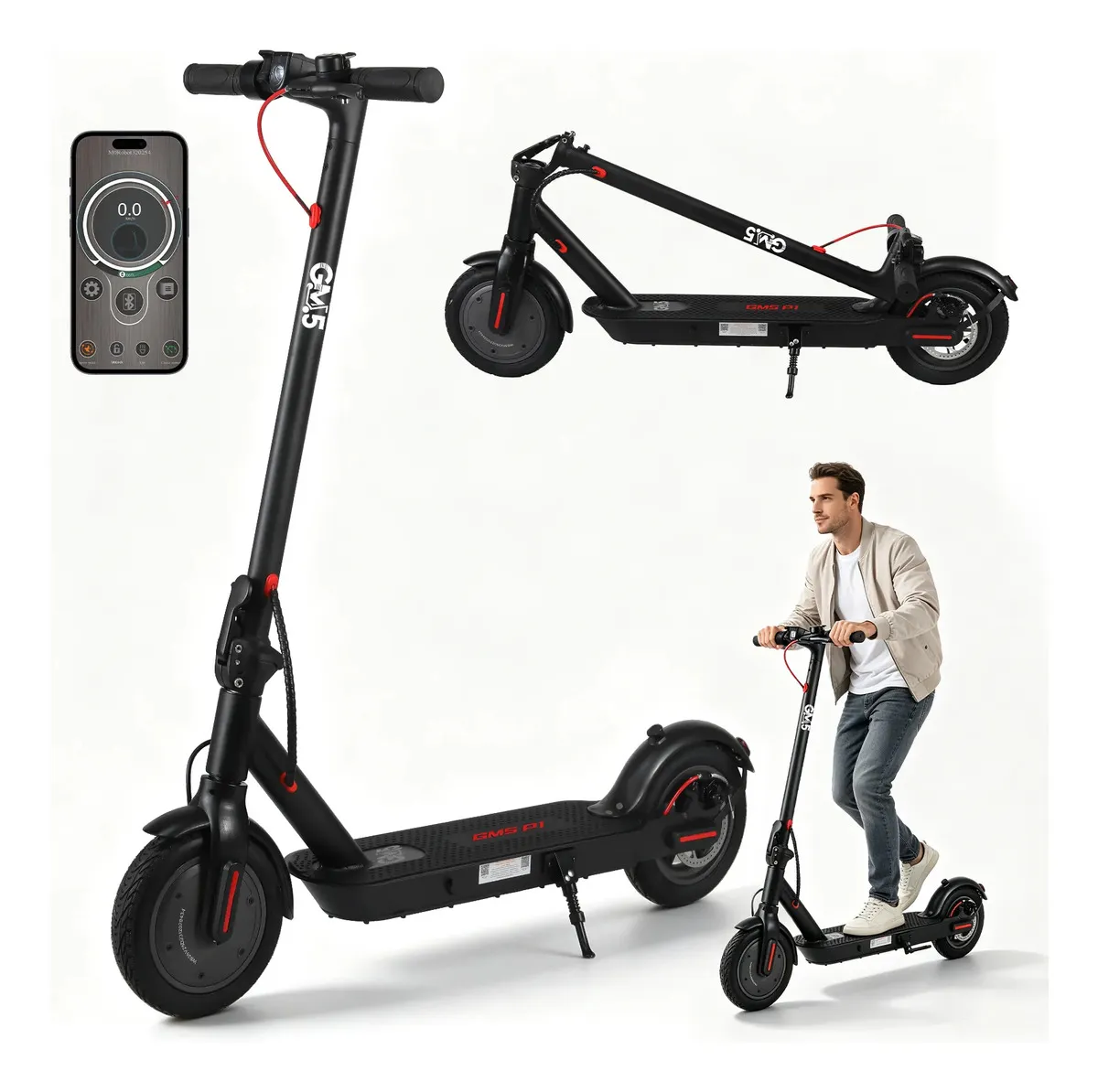 Patinete elétrico GM5 P1 preto dobrável, fotografia frontal do produto