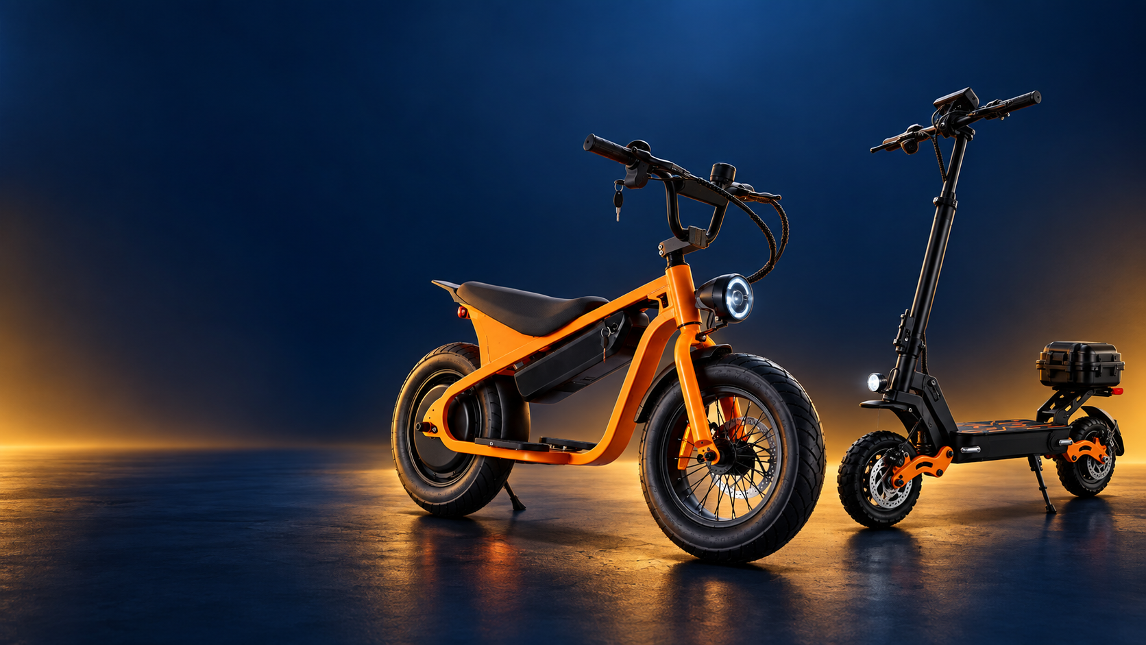 Bicicleta elétrica laranja e patinete elétrico preto em página de cupons e ofertas diárias